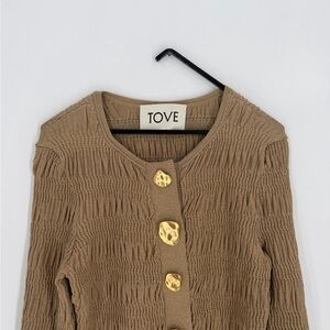 Tove Anja Shirred Metallic Ruched Stretch Knit Gold Big Button Cardigan In Gold